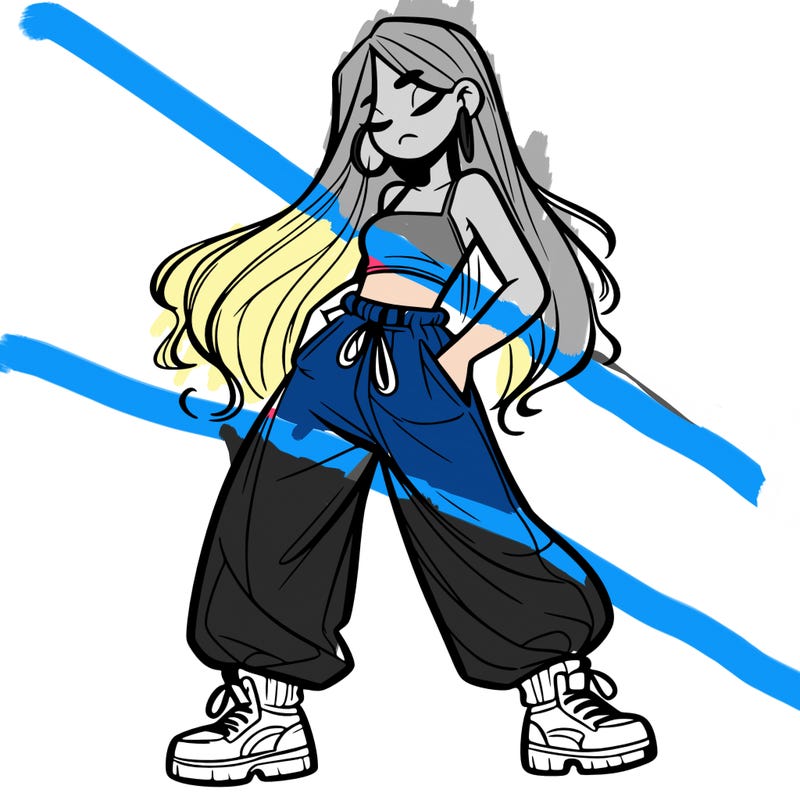 girl in baggy pants crop top and long hair