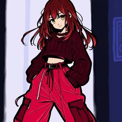anime teen girl with baggy pants and crop top with sweater