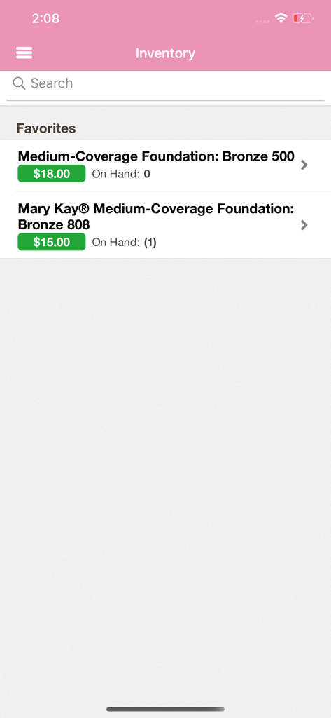 Pink Office app inventory screen showing Mary Kay foundation products and stock status