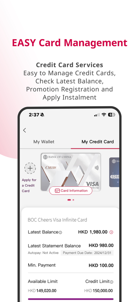 BoC Pay+ - Pantalla de la aplicación BoC Pay+ para la gestión de tarjetas de crédito que muestra el saldo, el extracto y los detalles del límite.