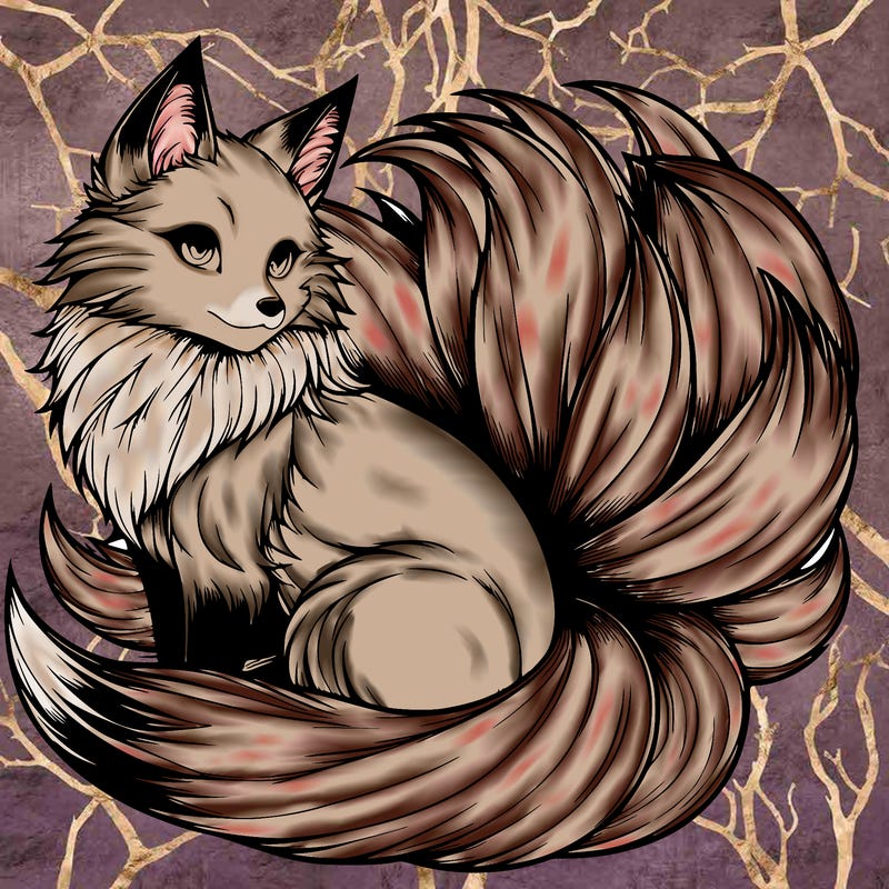 realistic detailed 9 tailed anime fox