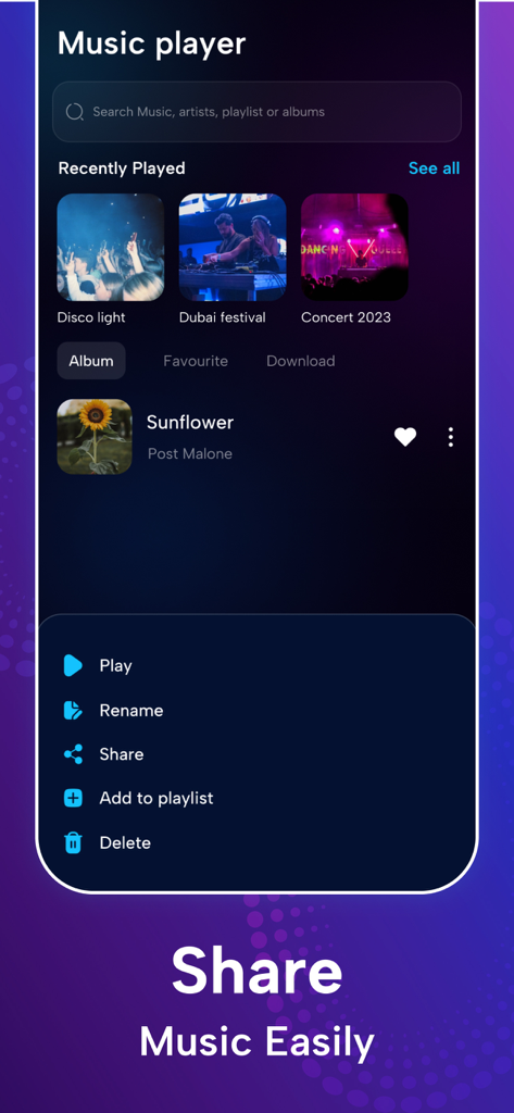 Offline Music Player · - Interfaz de la aplicación de reproductor de música mostrando opciones para compartir y gestionar canciones sin conexión.