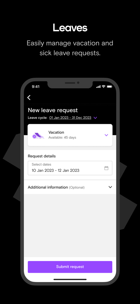 Interface of the Bayzat mobile app for managing vacation and sick leave requests.