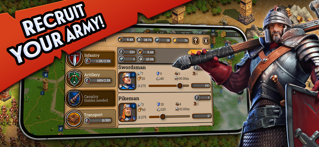 Recruitment screen in Medieval Kingdoms showing swordsman and pikeman unit stats