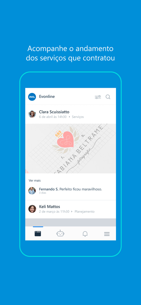 Evonline Marketing Digital - Interface do aplicativo Evonline mostrando um feed de atualizações de projetos e feedback do cliente sobre o design de um logotipo.