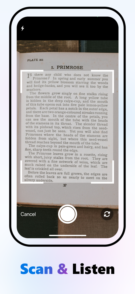 Text To Speech: Image To Text - Interfaz de la aplicación móvil Talkify escaneando la página de un libro para convertir texto en voz con el título Scan and Listen