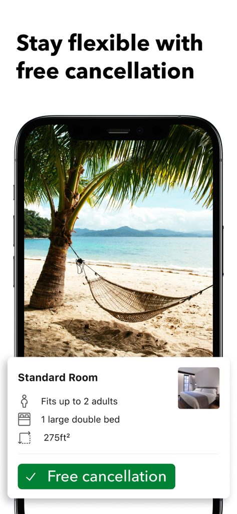 Booking.com Mobile-App-Bildschirm, der die Funktion zur kostenlosen Stornierung für eine Hotelzimmerbuchung hervorhebt.