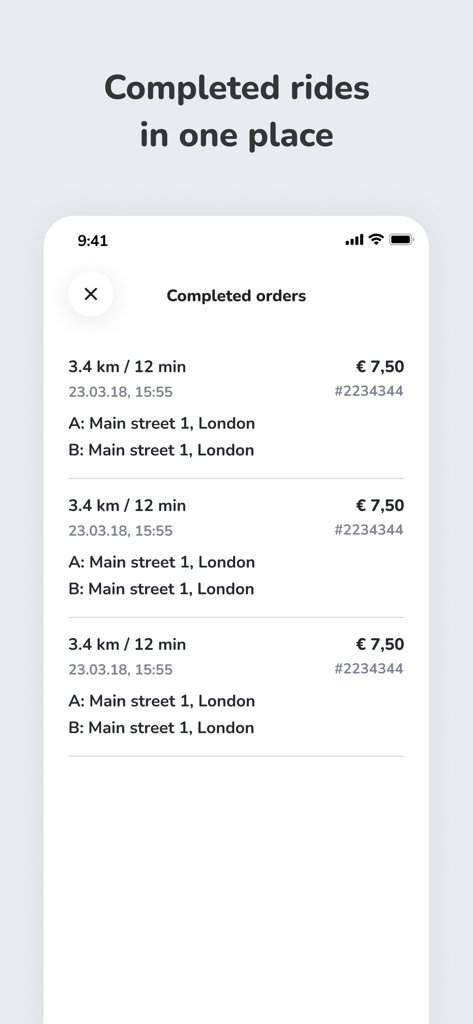 ATOM Mobility: Driver app - ATOM Mobility driver app screen showing a list of completed ride orders with distance, duration, and earnings.