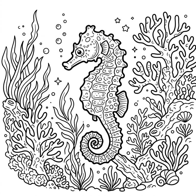 Explore the marvels of the deep with this charming pygmy seahorse coloring page. Featuring delicate coral and swaying sea plants, it's a perfect canvas for your imagination and a relaxing activity for anyone.