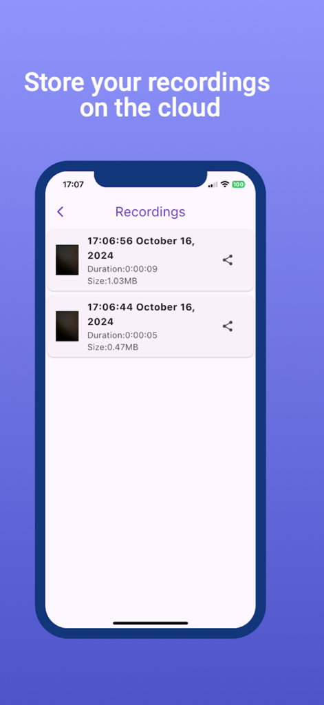 Homesafe: Home Security Camera - Homesafe app interface showing a list of security video recordings stored on the cloud with duration and file size details