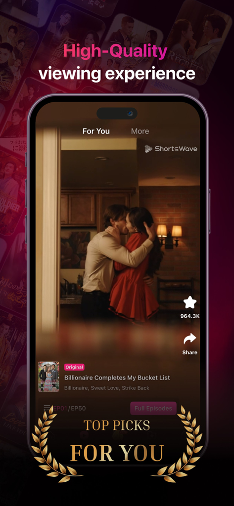 ShortsWave app interface displaying a romantic drama scene with high quality viewing text