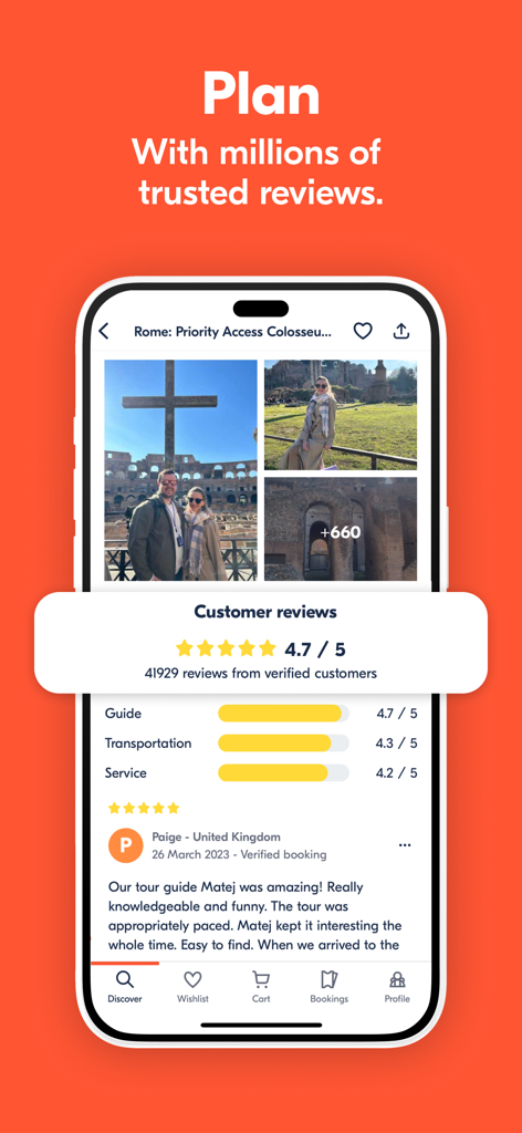 GetYourGuide mobile app interface showing customer reviews and star ratings for a travel experience