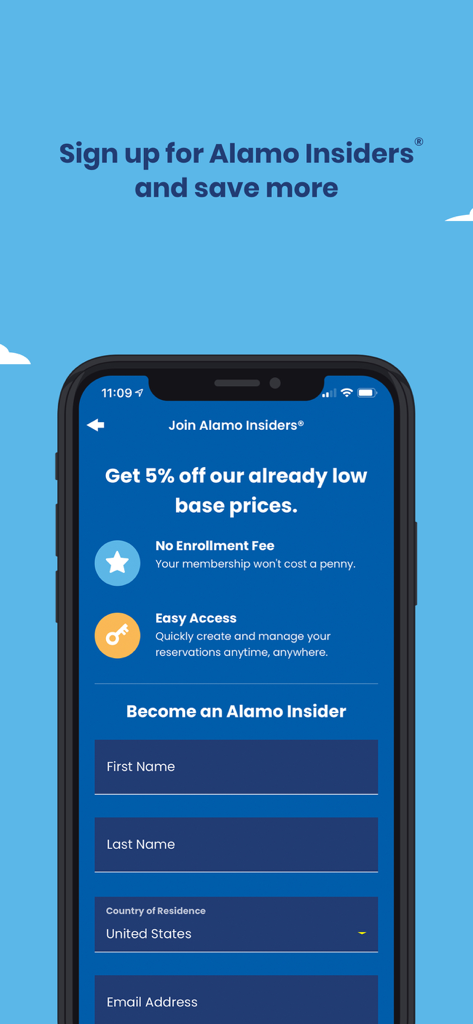 모바일 장치에서 Alamo Insiders 가입 페이지가 5% 할인 혜택과 회원 혜택을 보여주고 있습니다
