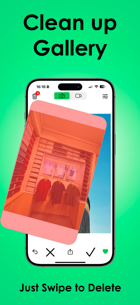 Interface of Photo Cleaner app on an iPhone showing a photo being swiped to delete for gallery cleanup.