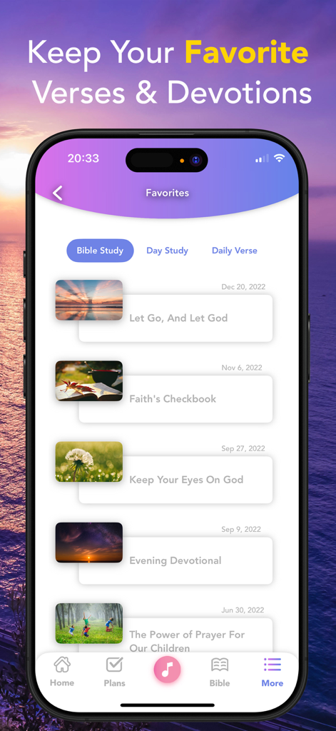 The favorites screen of the Daily Devotional For Women App showing a list of saved Bible studies and daily verses.