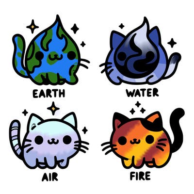 4 cats that represent the different elements, earth, water, air, and fire