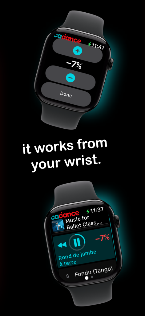 Cadance Dance Tempo Control - Ajustez le tempo et la lecture de la musique de danse directement depuis une Apple Watch avec l'application Cadance