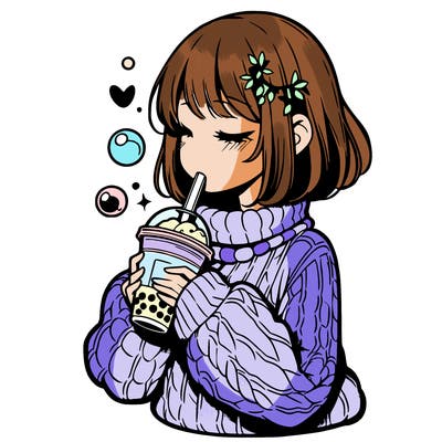 manga girl drinking boba in cozy sweater