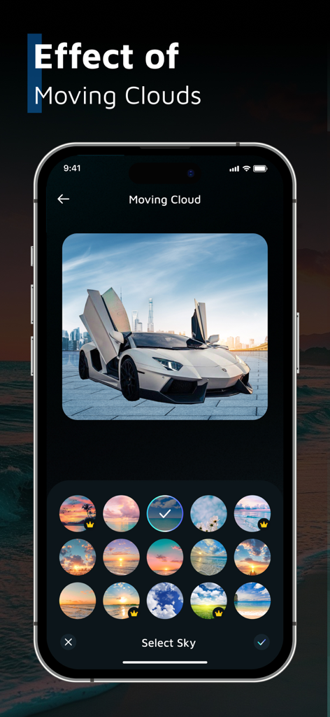 AI Sky Replacement Sky Changer - App interface showing the moving clouds effect on a photo of a white sports car with various sky options below.