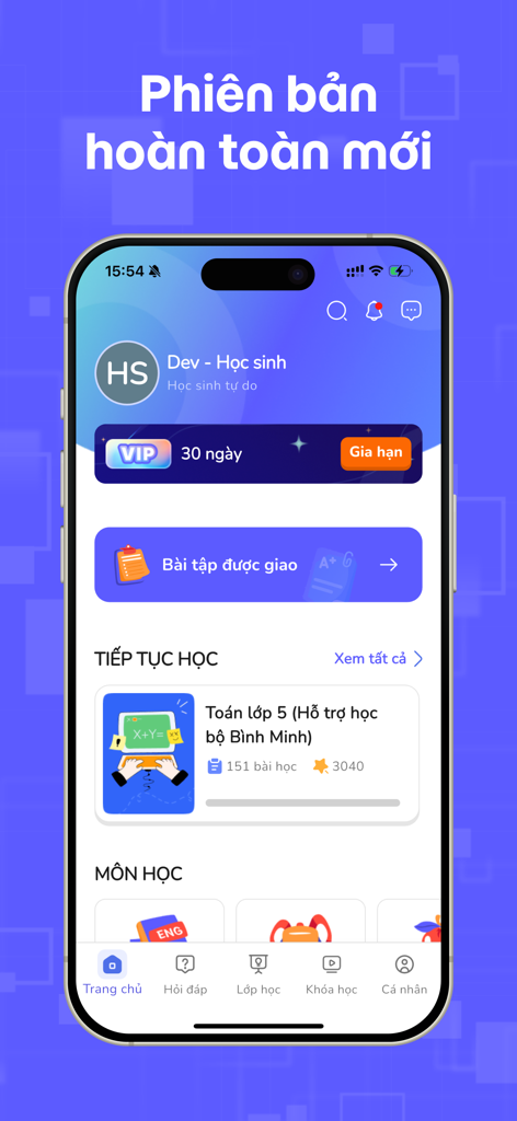 OLM - Écran d'accueil de l'application éducative OLM montrant le tableau de bord d'un étudiant avec des leçons de mathématiques en vietnamien