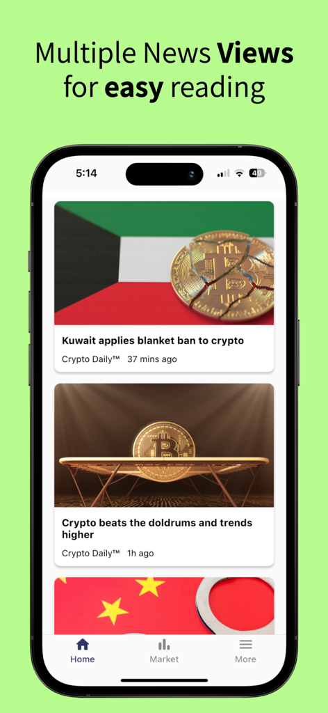 Pantalla de smartphone mostrando un feed de artículos de noticias sobre criptomonedas con titulares e imágenes de la aplicación Crypto Daily.