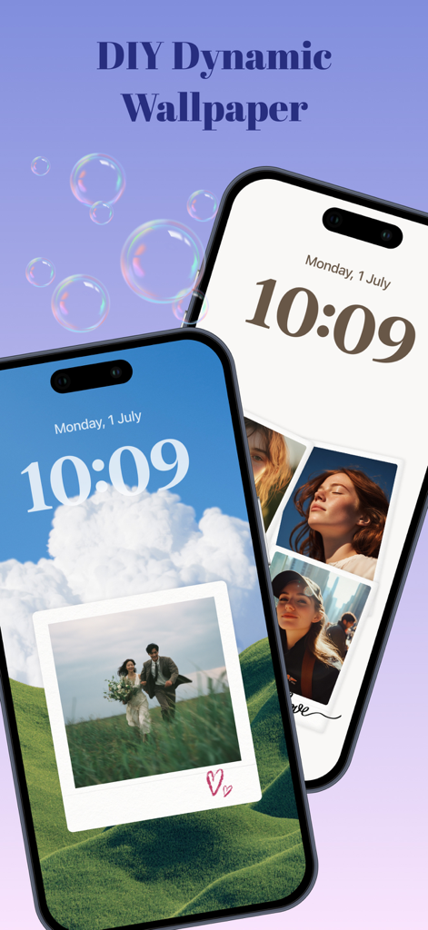 Daily Theme: Aesthetic Widgets - Dos iPhones que muestran fondos de pantalla dinámicos estéticos DIY con widgets de fotos polaroid personalizados en la pantalla de bloqueo