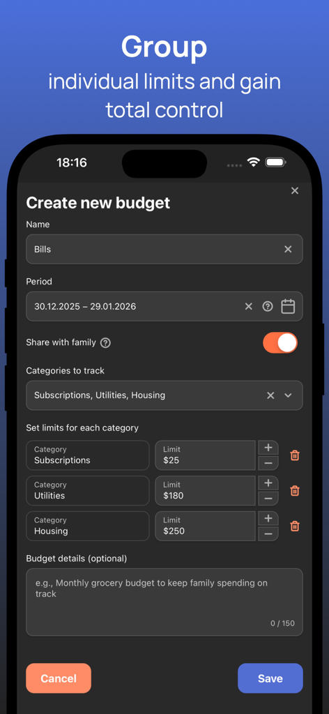 Budget Sync: Shared Expenses - Mobile app screen showing the creation of a new budget with category spending limits and family sharing enabled