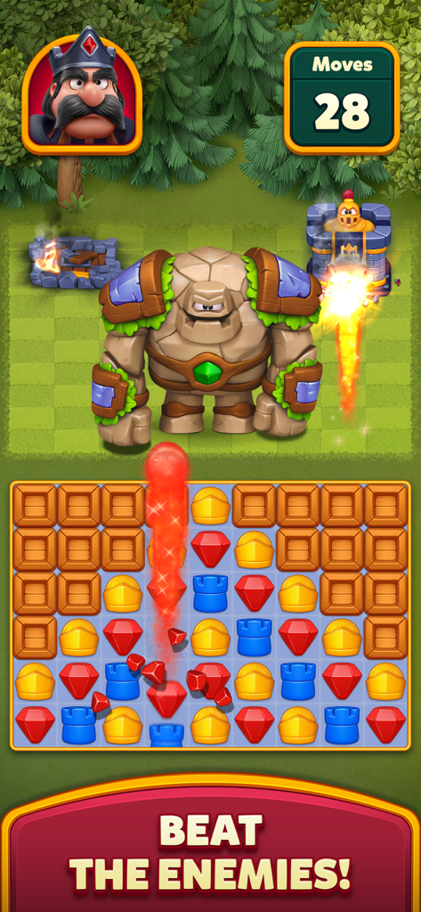 Jugabilidad del puzzle match 3 de Royal Kingdom mostrando una batalla contra un enemigo golem de piedra gigante