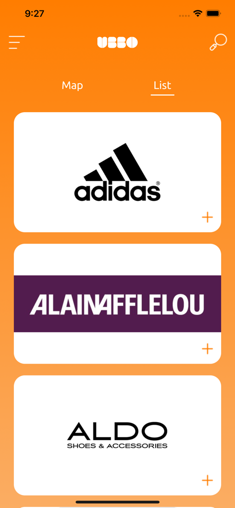 Ubbo - Ubbo mobile app display showing a list of available stores and brands