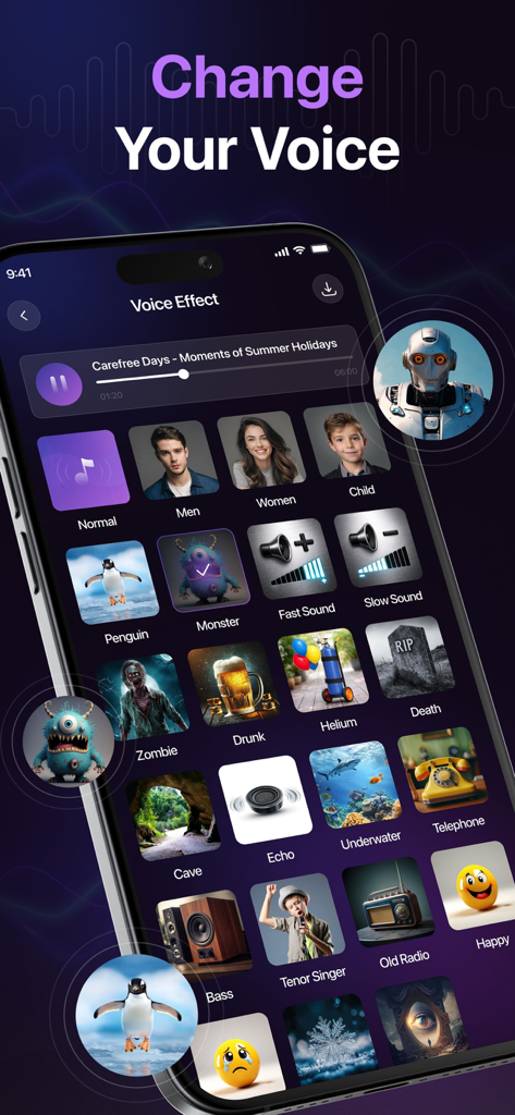 Smartphone screen showing various voice effect options like monster, helium, and robot in the Mic to Speaker app interface