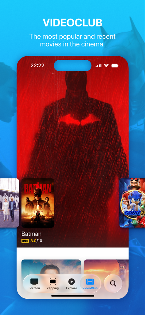 Pantalla VideoClub de la aplicación MEO Go mostrando una selección de películas populares para alquilar