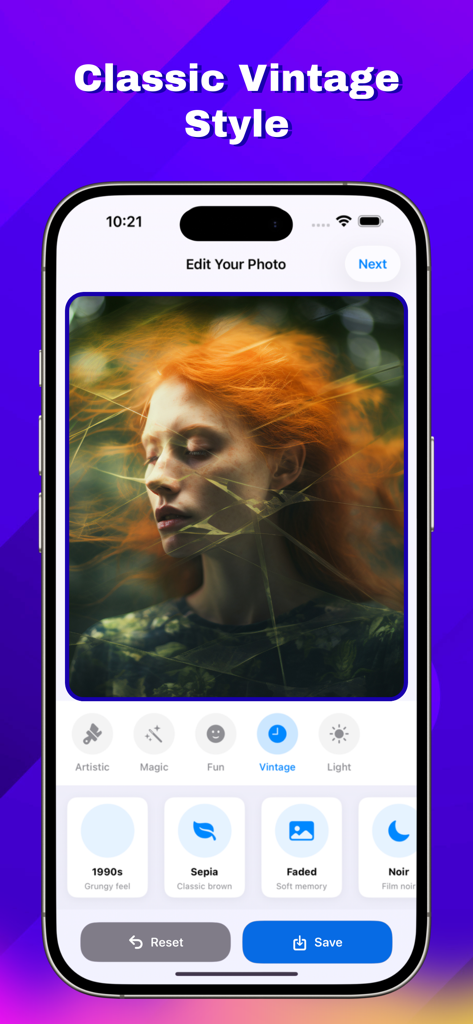 AI PhotoShot Magic - Interfaz de AI PhotoShot Magic mostrando filtros vintage clásicos en un retrato.