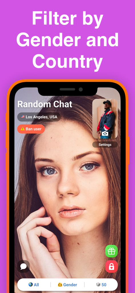 Pantalla de la aplicación Random Chat mostrando la interfaz de videollamada con opciones de filtro de género y país