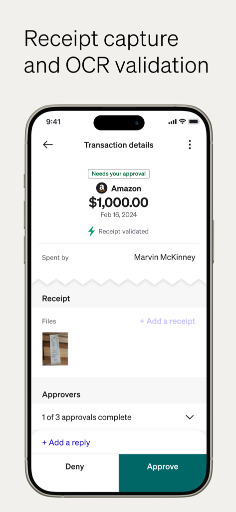 Mobile app interface for receipt capture and OCR validation showing an Amazon transaction pending approval