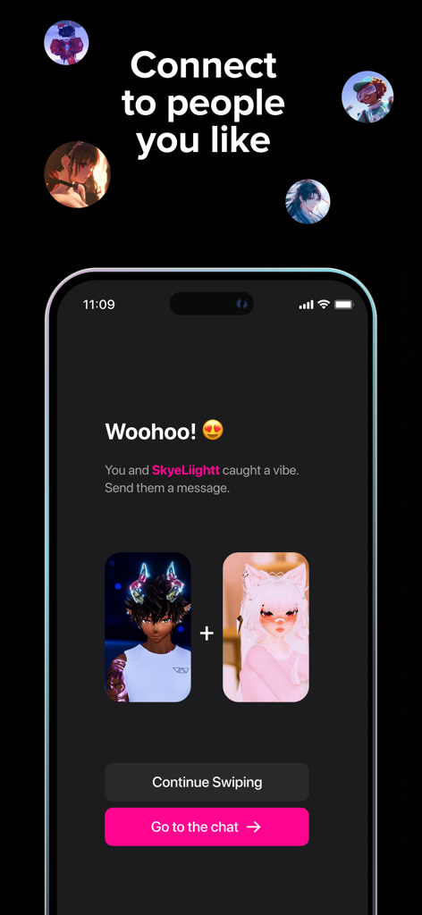 Capture d'écran d'une correspondance réussie entre deux avatars numériques sur l'application de rencontres VR Nevermet.
