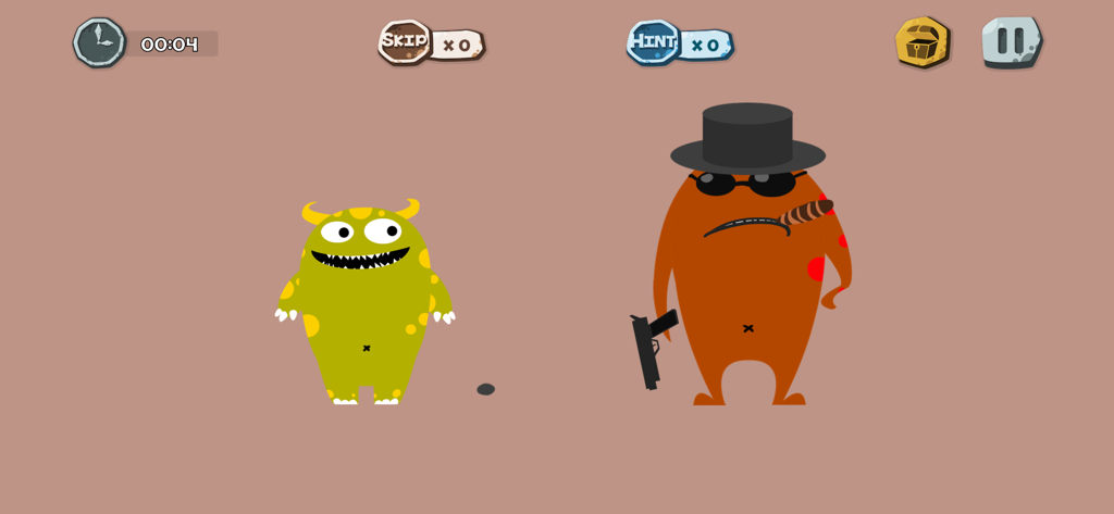 A puzzle level in 100 Ways To Die featuring two cartoon monsters, one dressed as a gangster with a gun.