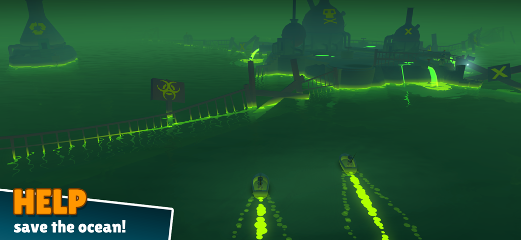 Dos pequeños barcos de pesca navegando a través de agua tóxica verde brillante cerca de una planta industrial en el juego Creatures of the Deep.