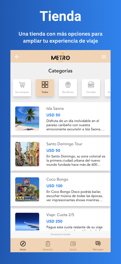 Interface de l'App Store de Viaxlab montrant des visites touristiques et des forfaits d'excursion avec des prix en USD