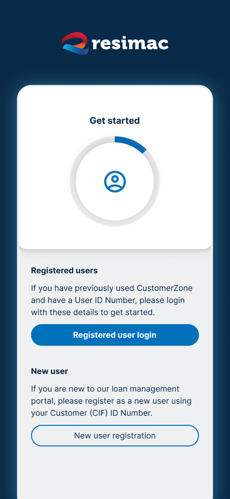 Resimac app welcome screen with options for registered user login and new user registration.