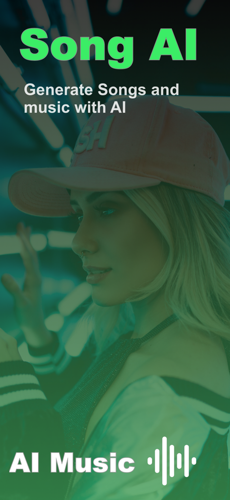 Werbebildschirm für die KI-Song-Ersteller-App mit einer jungen Frau in einer Kappe und dem Text „Songs und Musik mit KI generieren“