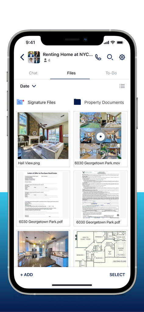 BLUE App - Blue Lotus Realty - La interfaz de la App BLUE que muestra carpetas de archivos para firmar y documentos de propiedad, incluyendo planos y fotos de listados.