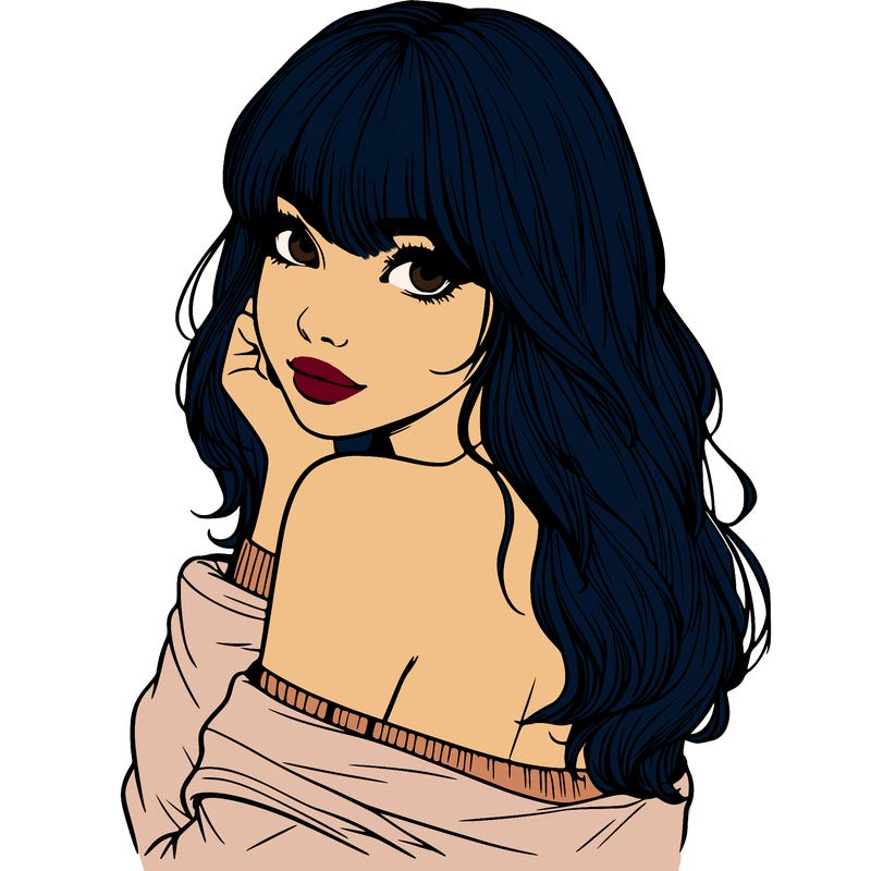 realistic girl with bangs looking over her shoulder