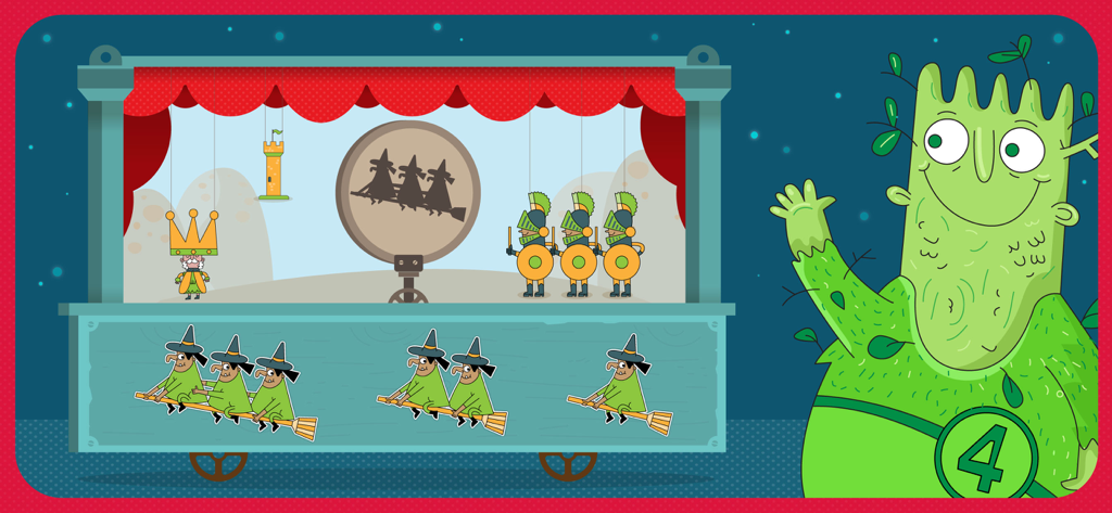 123 Games for toddlers - Full - Lernspiel-Bildschirm für Mathematik für Kleinkinder mit einem Puppentheater mit Hexen und Rittern