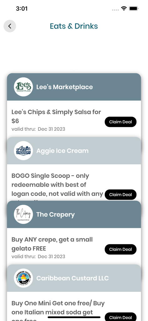 The Best of Logan - Tela mostrando cupons locais de comida e bebida no aplicativo Best of Logan