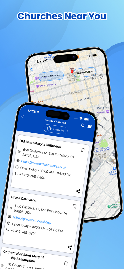 A mobile app interface displaying a map and a list of nearby churches with addresses and contact information.