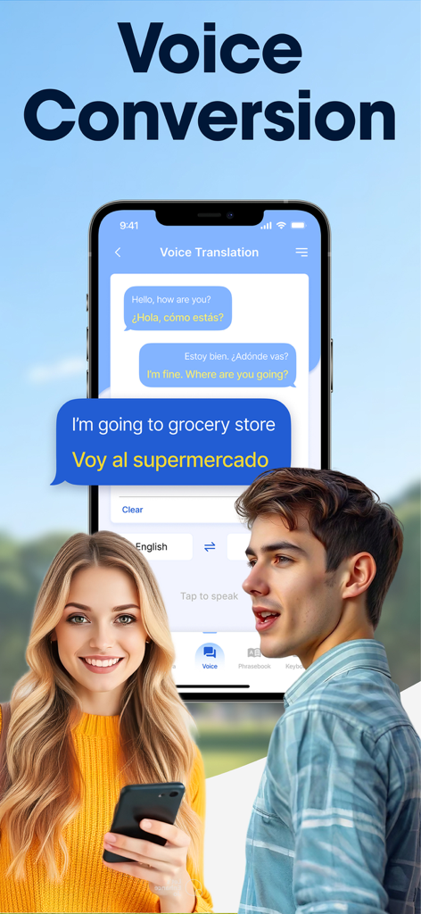Translate Go App-Oberfläche, die eine Echtzeit-Sprachumwandlung zwischen Englisch und Spanisch zeigt, während ein Mann und eine Frau das Smartphone benutzen.