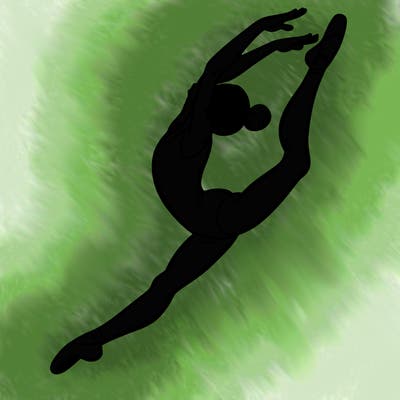 gymnast doing a leap in a leotard with a bent back leg