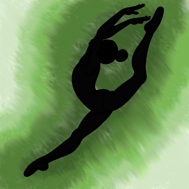 gymnast doing a leap in a leotard with a bent back leg