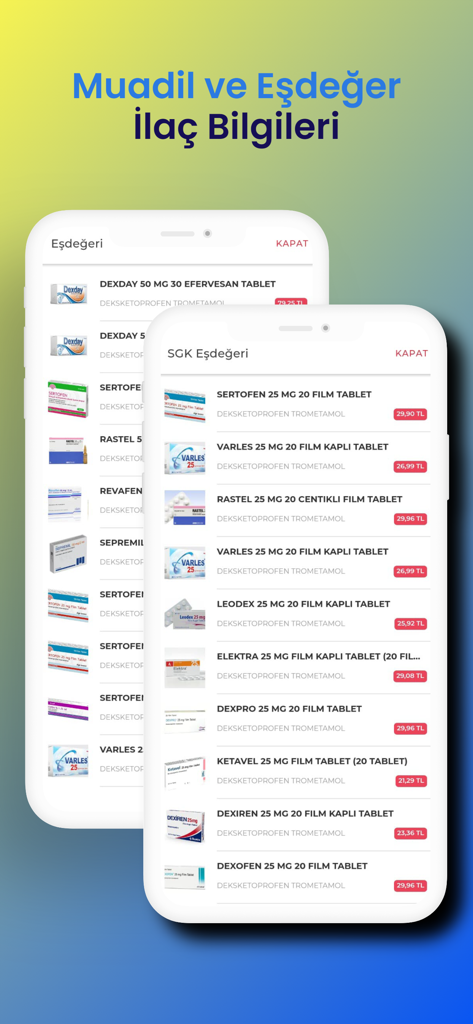 İlaç Fiyatı - Mobile app interface showing a list of equivalent medicines and their prices in Turkish Lira.