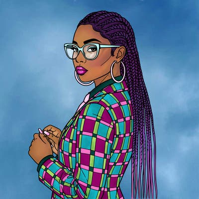 african american woman with an interesting pattern of cornrows with long braids. it's a close-up of her with no background. she is wearing a funky plaid suit with a tie and large hoop earrings, and large stylish glasses. she has really long square nails.